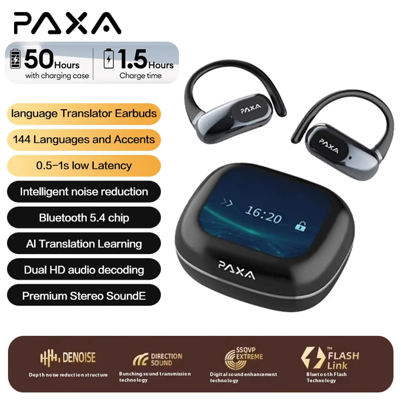 PAXA Upgraded AI Real-time Translation 3in1 Wireless Bluetooth 5.4 Earphones Translate 144 languages ENC Denoise Headphones