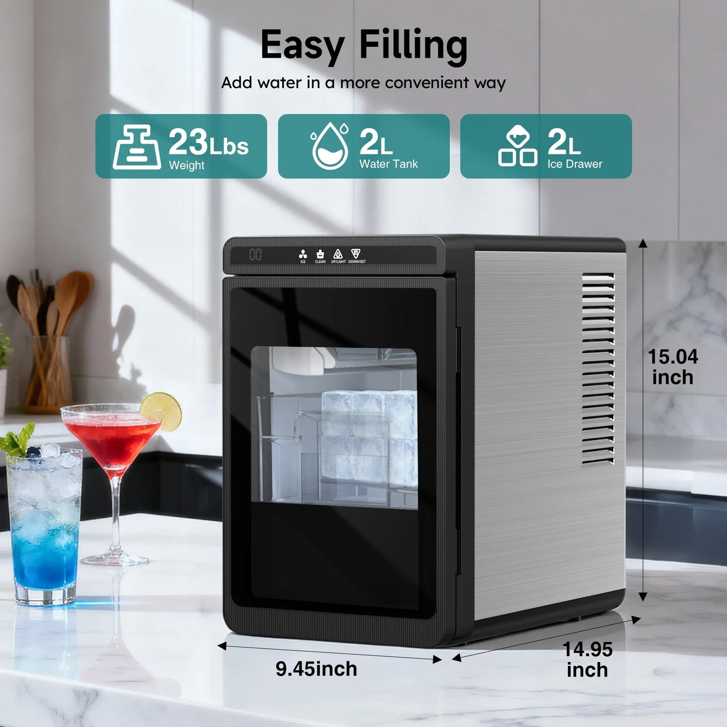 Compact Countertop Ice Maker Clear 3 Cubes Portable Ice Machine 22lbs Daily Output 1.6" Square Ice Cubes Self-Cleaning LED Light
