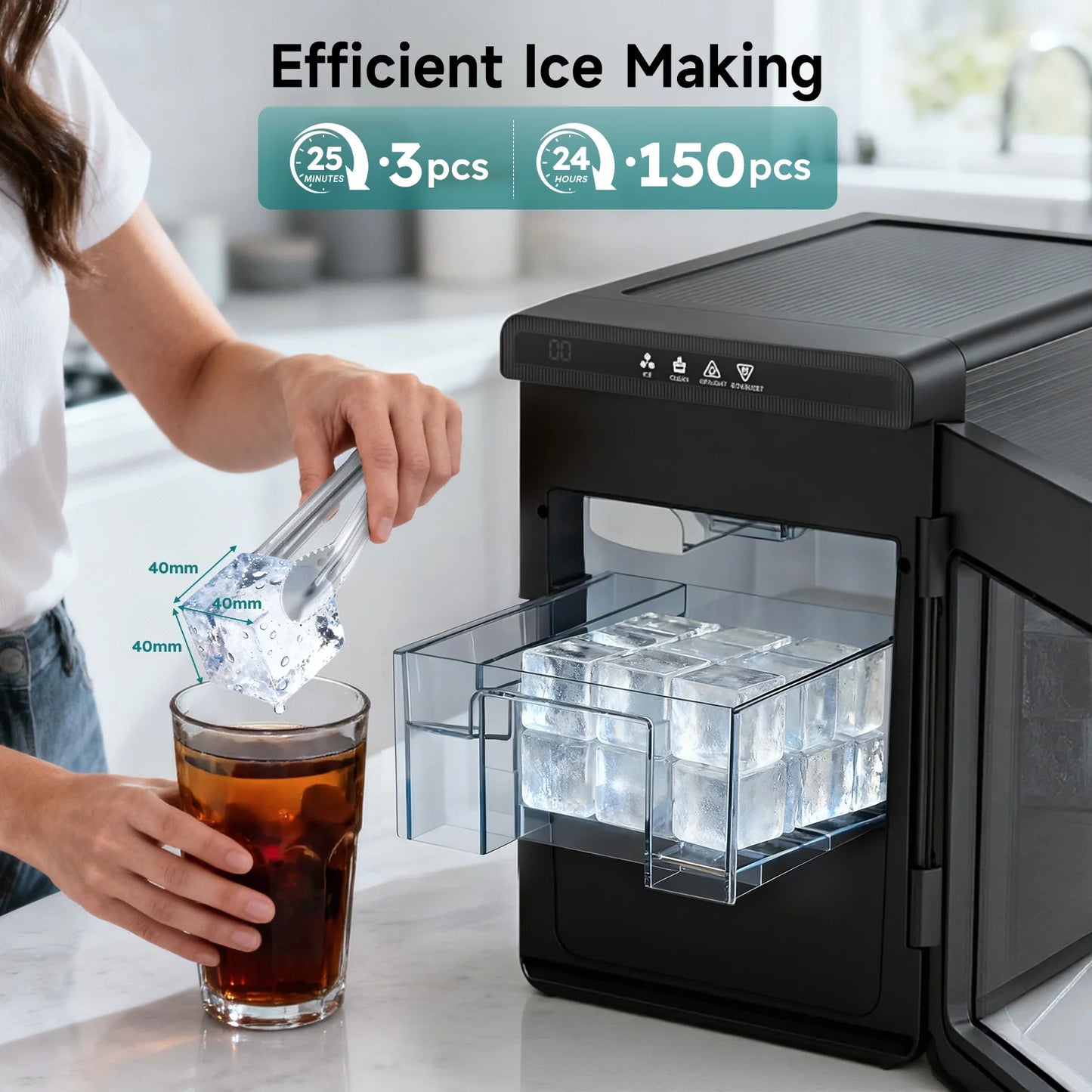 Compact Countertop Ice Maker Clear 3 Cubes Portable Ice Machine 22lbs Daily Output 1.6" Square Ice Cubes Self-Cleaning LED Light