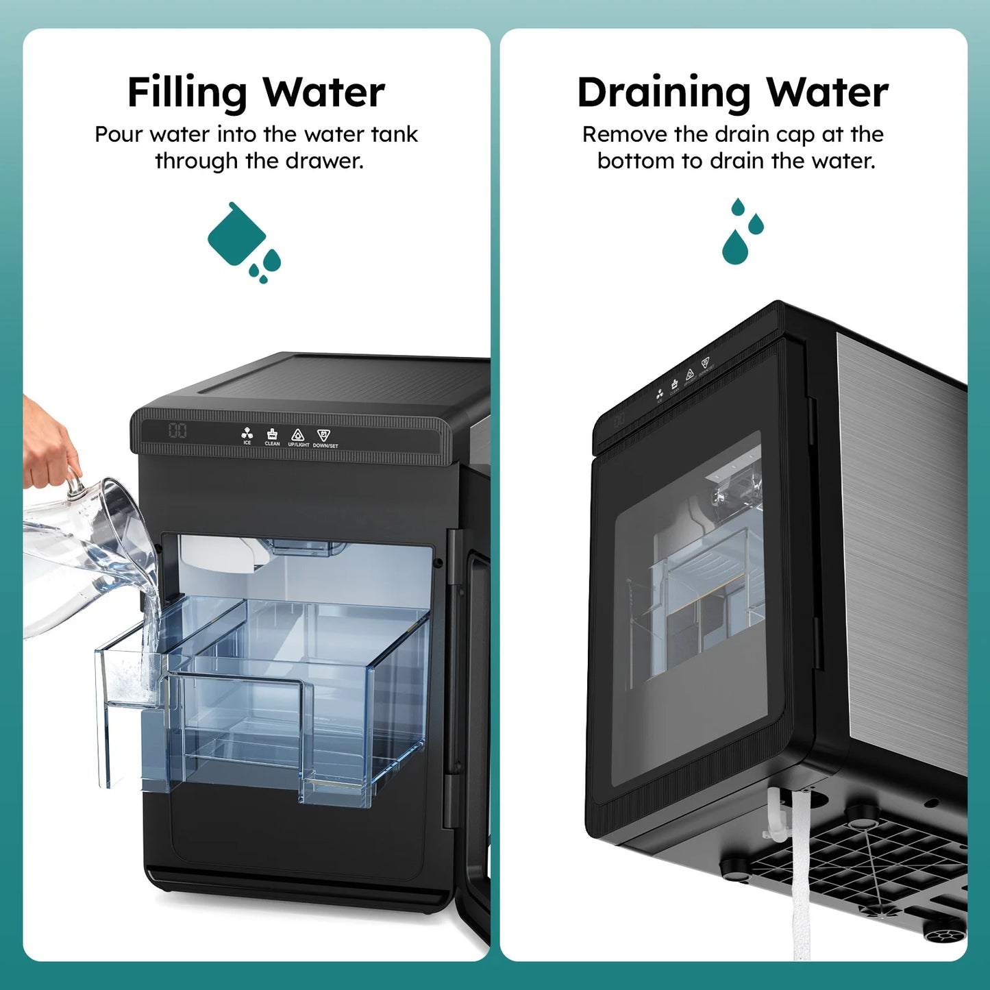 Compact Countertop Ice Maker Clear 3 Cubes Portable Ice Machine 22lbs Daily Output 1.6" Square Ice Cubes Self-Cleaning LED Light