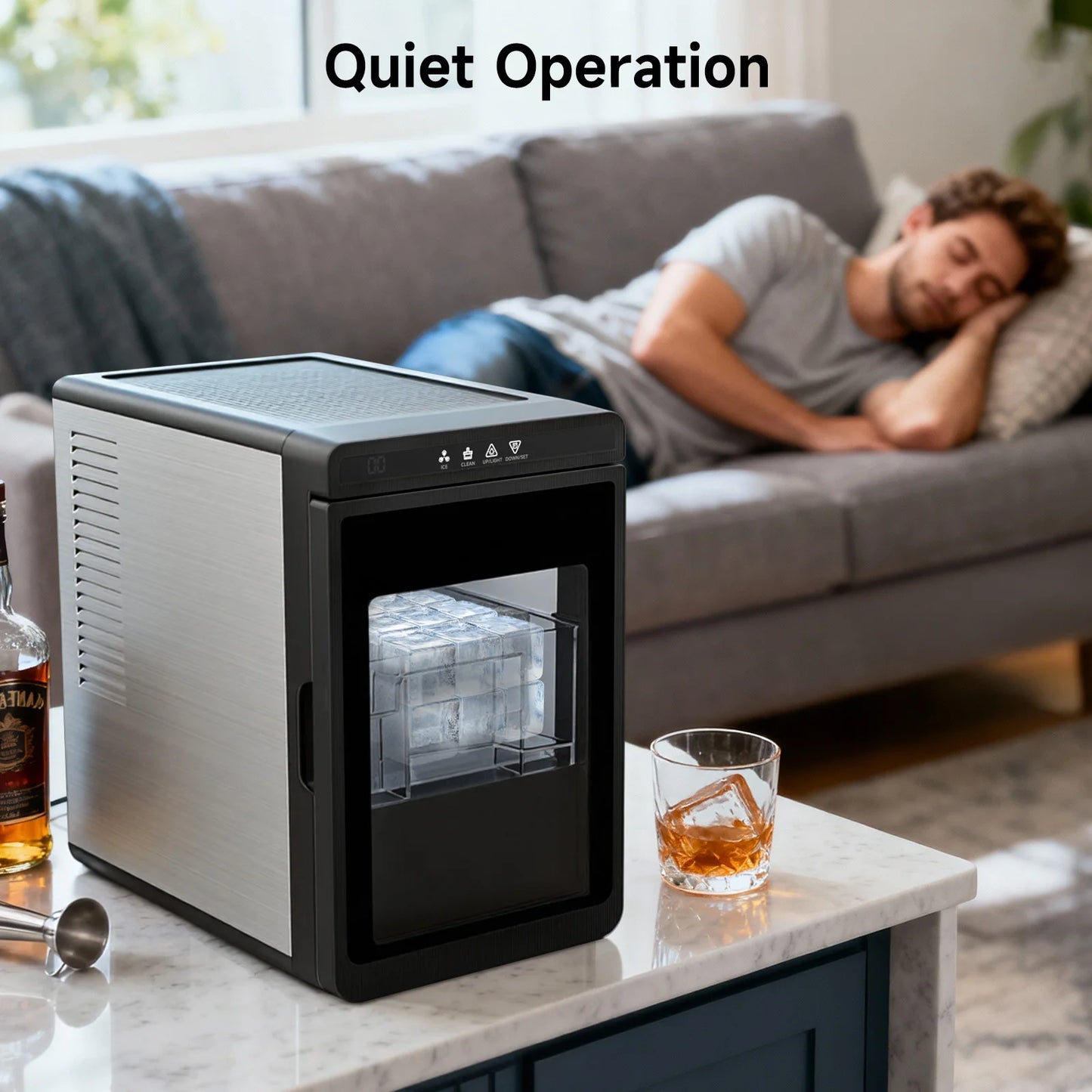 Compact Countertop Ice Maker Clear 3 Cubes Portable Ice Machine 22lbs Daily Output 1.6" Square Ice Cubes Self-Cleaning LED Light