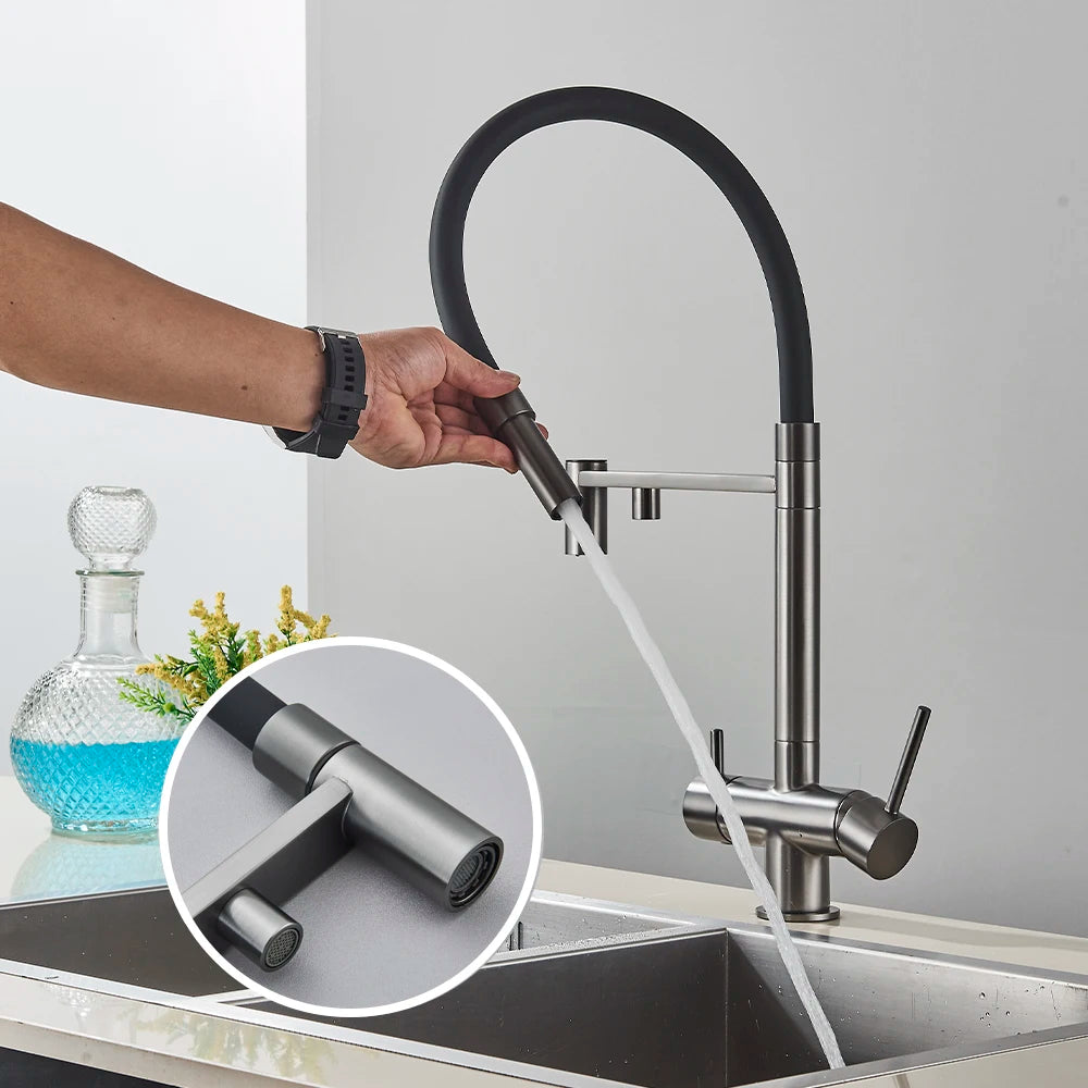 Gray Filtered Kitchen Faucet Dual Spout Hot Cold Mixer Purification Water Crane Filter Water Faucet Deck Mount