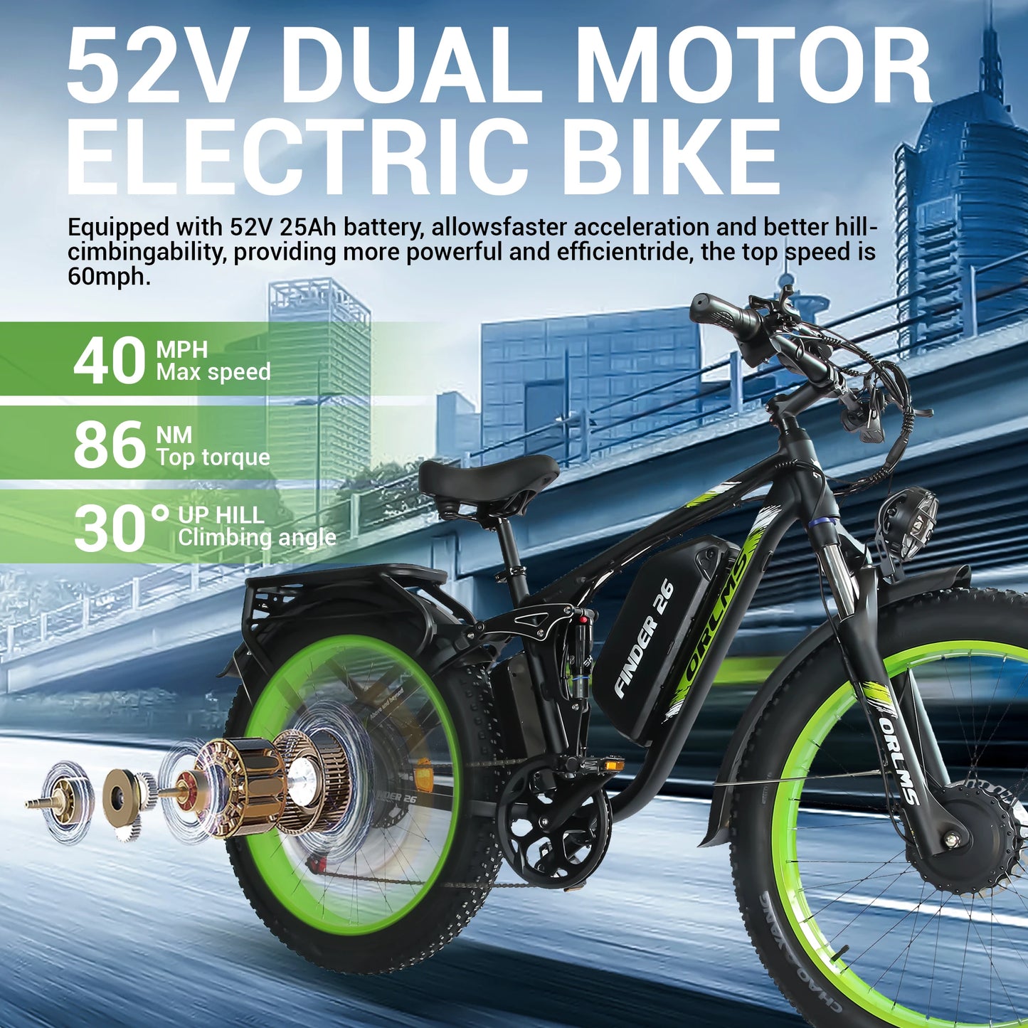 ORLMS V3 Electric Bike 2000W Dual Motor 52V25AH Lithium Battery Adult City Electric Bicycle 26*4.0 Inch Fat Tire Mountain E-bike