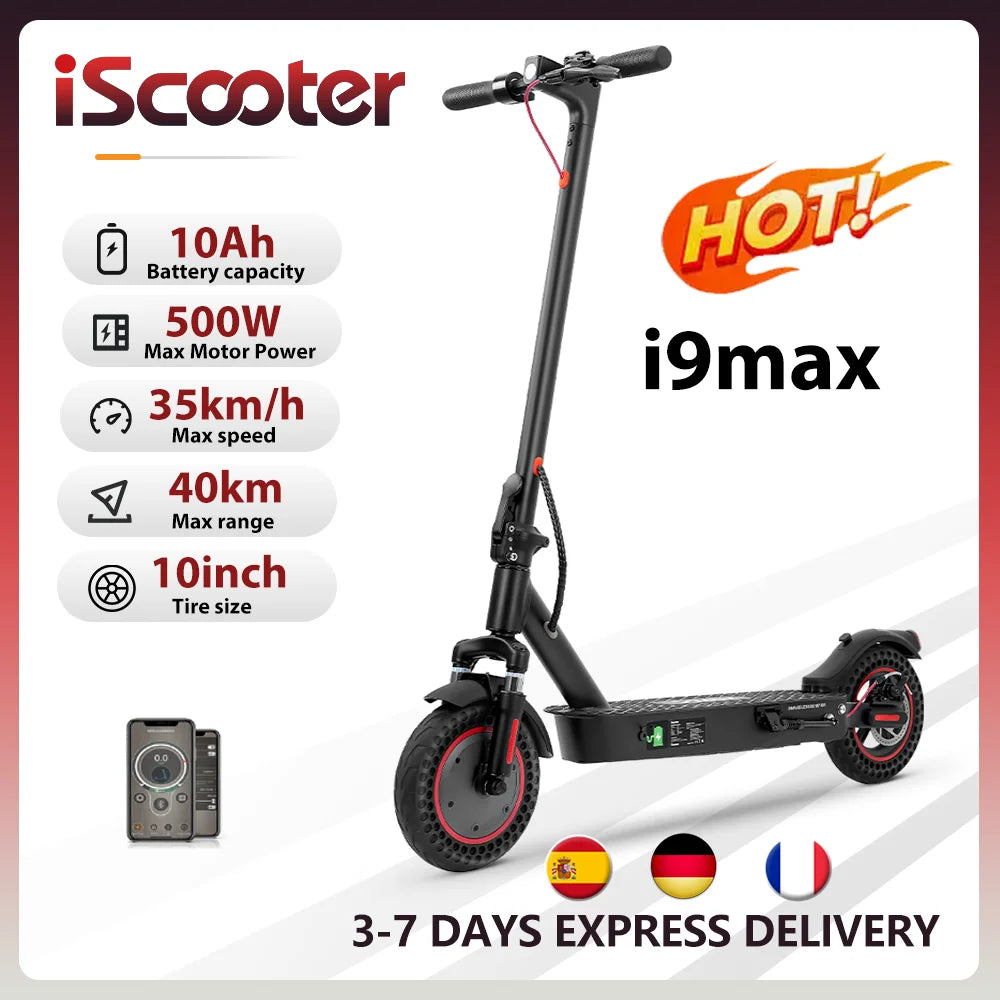 iScooter i9max Electric Scooter 36V 10Ah 500W 30-40km Range Dual Suspension 15-35km/h Speed 10 Inch Tire Kick e Scooter with App