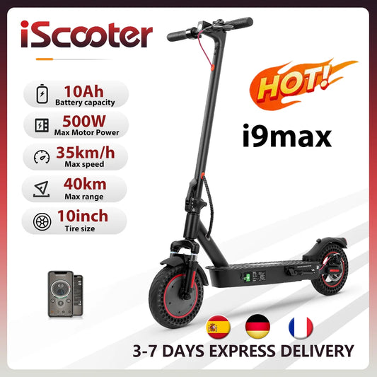 iScooter i9max Electric Scooter 36V 10Ah 500W 30-40km Range Dual Suspension 15-35km/h Speed 10 Inch Tire Kick e Scooter with App