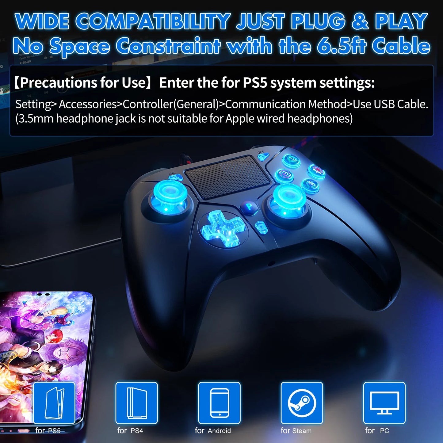 P5 RGB Gamepad For PS5/4/PC Console - 2M Wired Controller 4-Level Dual Vibrate No Delay W/ Turbo Touchpad, Gaming Control