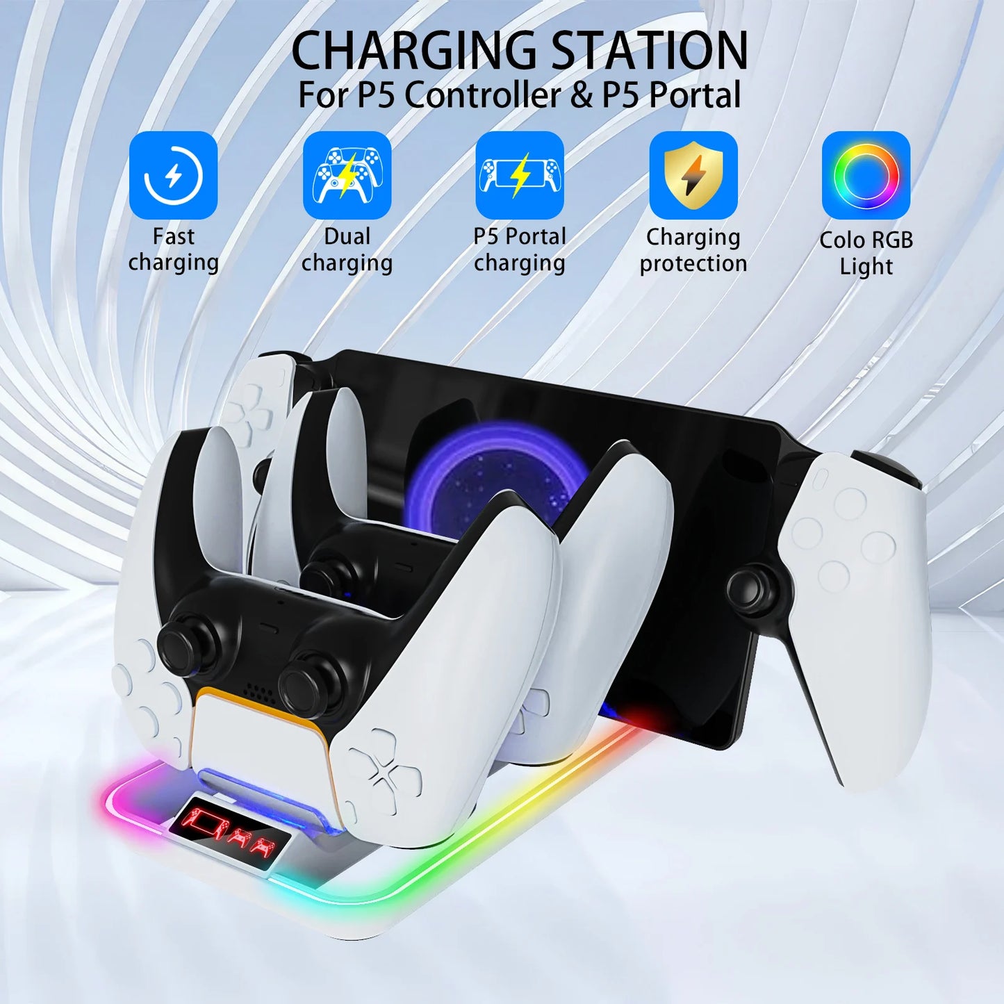 Cool PS5 Portal handheld with LED indicator charging dock, can charge 2 controllers, 3-in-1 charging for the handheld.