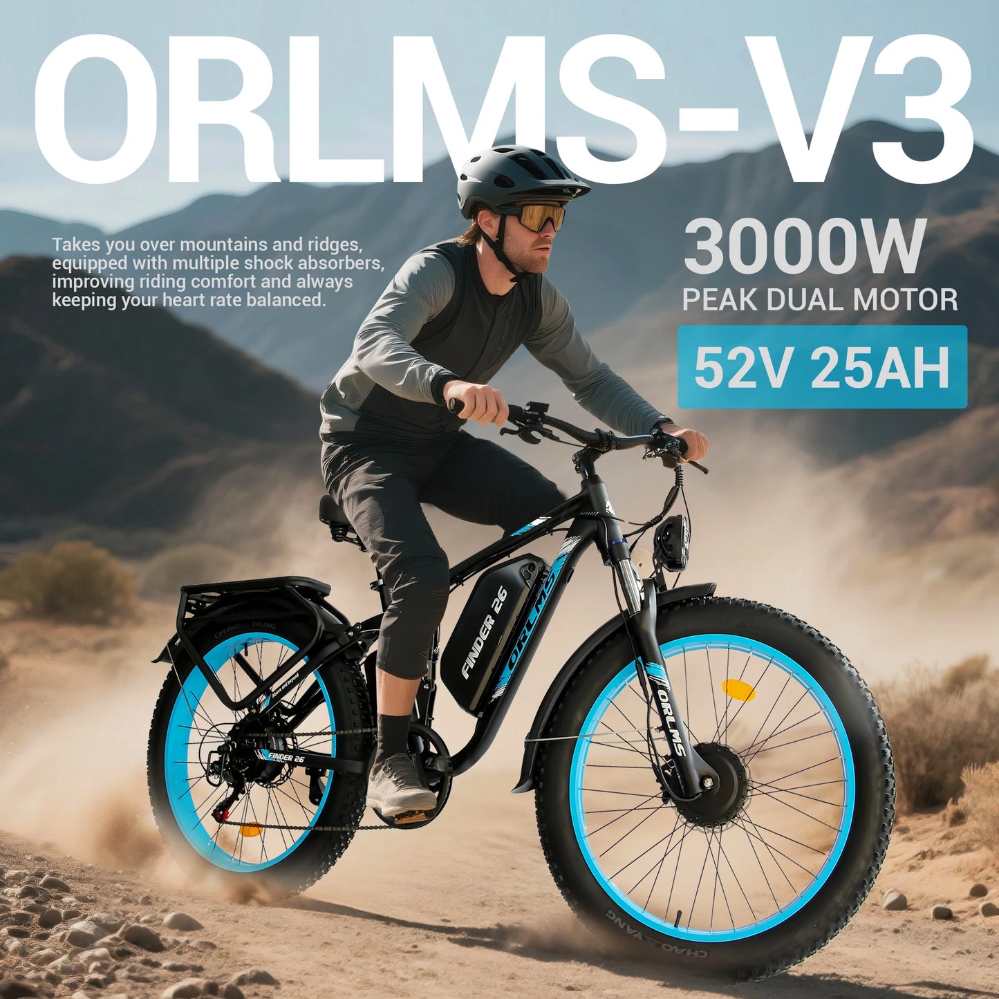 ORLMS V3 Electric Bike 2000W Dual Motor 52V25AH Lithium Battery Adult City Electric Bicycle 26*4.0 Inch Fat Tire Mountain E-bike