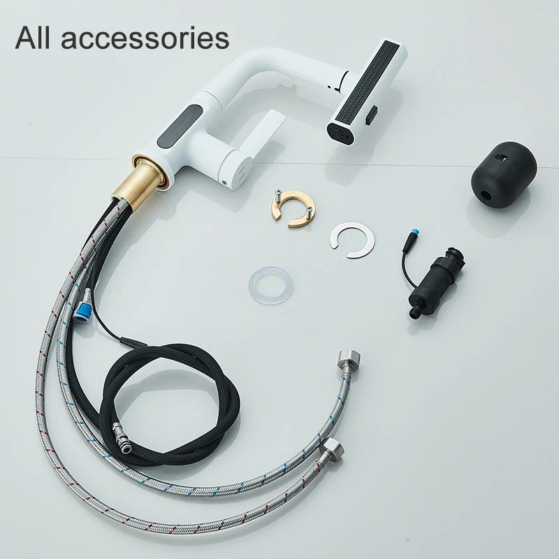 Digital Display Bathroom Basin Faucet Pull Out 3 Ways Nozzle Rainfall Stream Sprayer Crane Lifting Hot Cold Water Mixer Tap