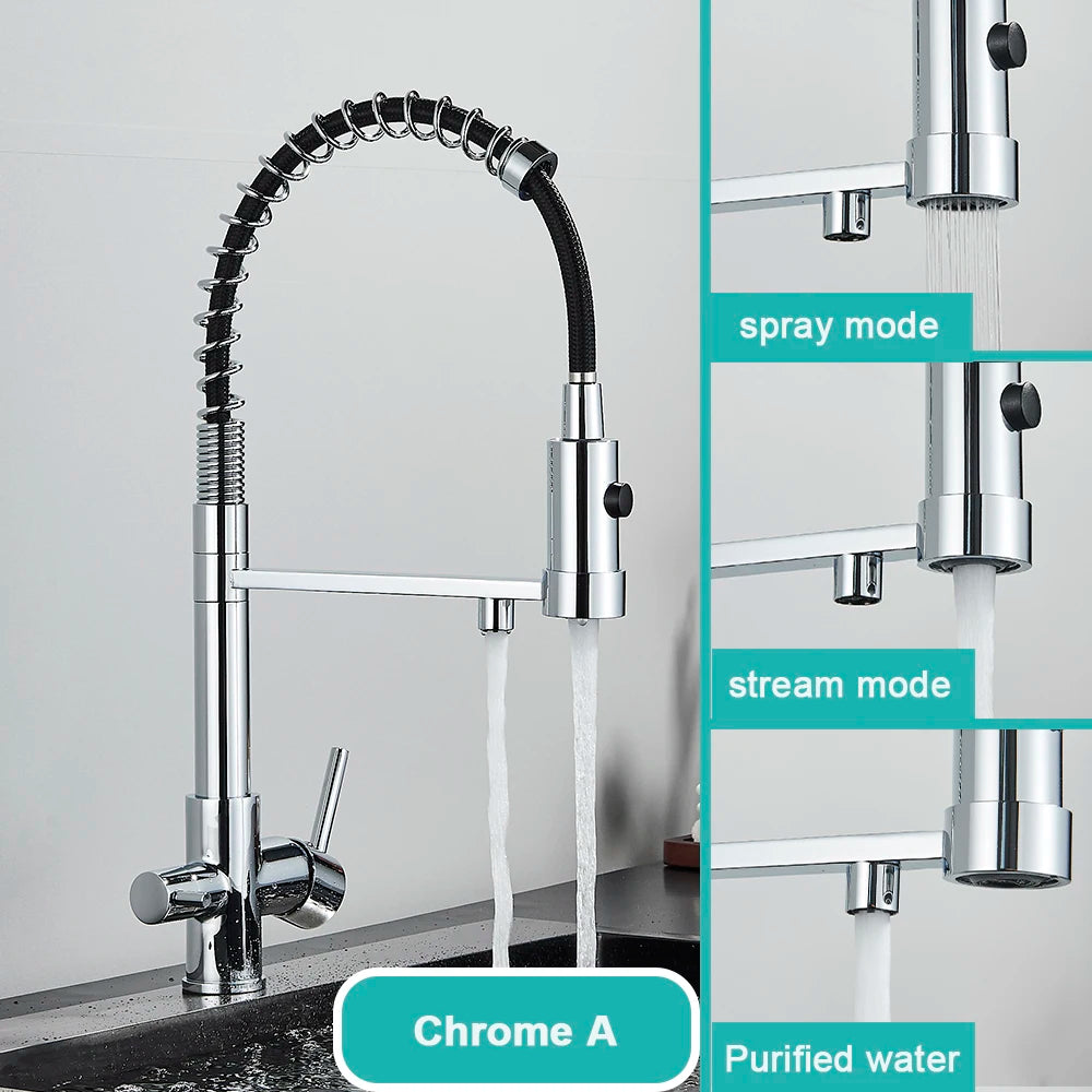 Gray Filtered Kitchen Faucet Dual Spout Hot Cold Mixer Purification Water Crane Filter Water Faucet Deck Mount
