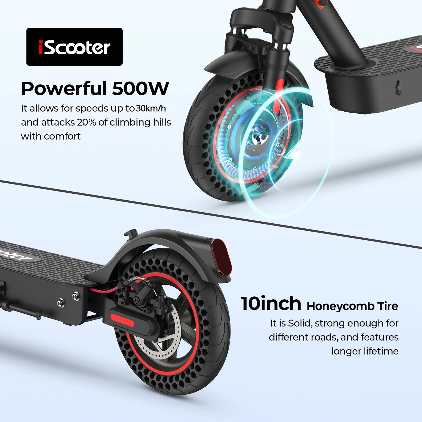 iScooter i9max Electric Scooter 36V 10Ah 500W 30-40km Range Dual Suspension 15-35km/h Speed 10 Inch Tire Kick e Scooter with App