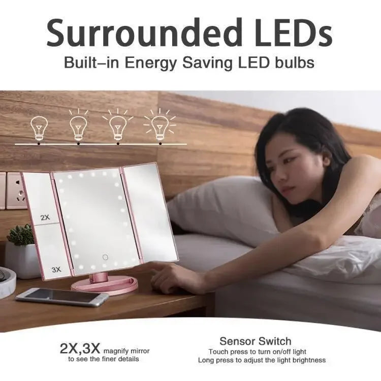 Miroir Maquillage LED Triptyque Pliable - Grossissement 10X Portable 3 Faces