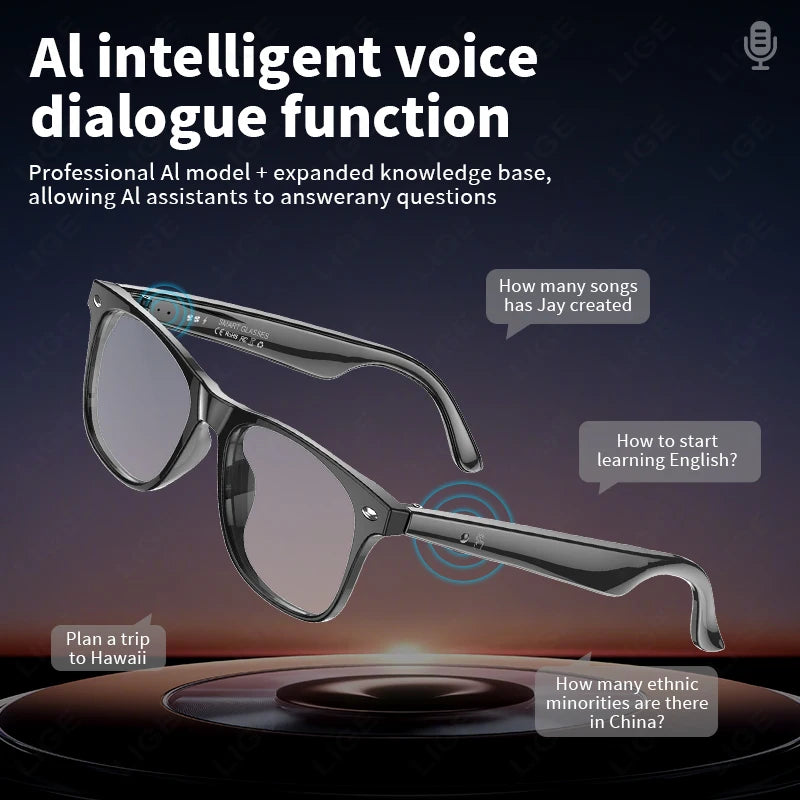LIGE Smart Glasses AI Intelligent Real-time Translation Bluetooth 6.0 Sunglasses Outdoor Sport Earphone Calling Music Eyeglasses