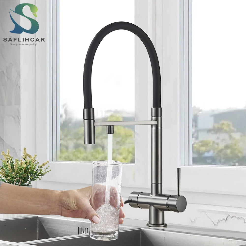 Gray Filtered Kitchen Faucet Dual Spout Hot Cold Mixer Purification Water Crane Filter Water Faucet Deck Mount