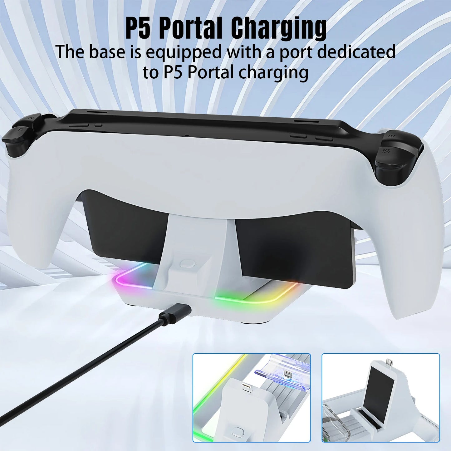 Cool PS5 Portal handheld with LED indicator charging dock, can charge 2 controllers, 3-in-1 charging for the handheld.