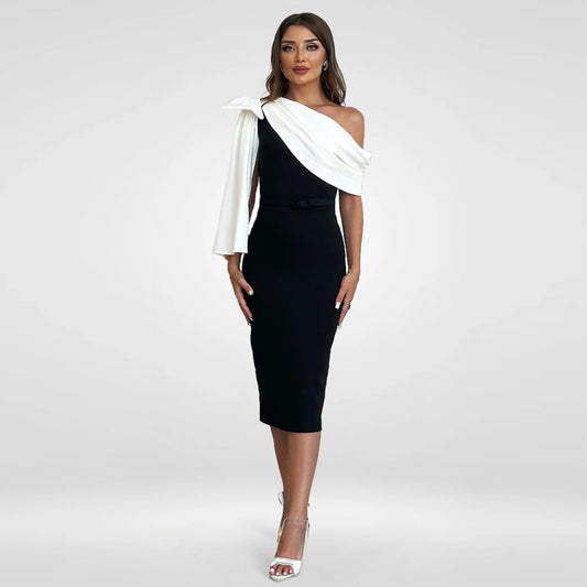 Elegant Women's Cocktail Party Gowns Black Ivory Bow Draped Valentine's Day Dress Column One-shoulder Midi Party Dresses Short