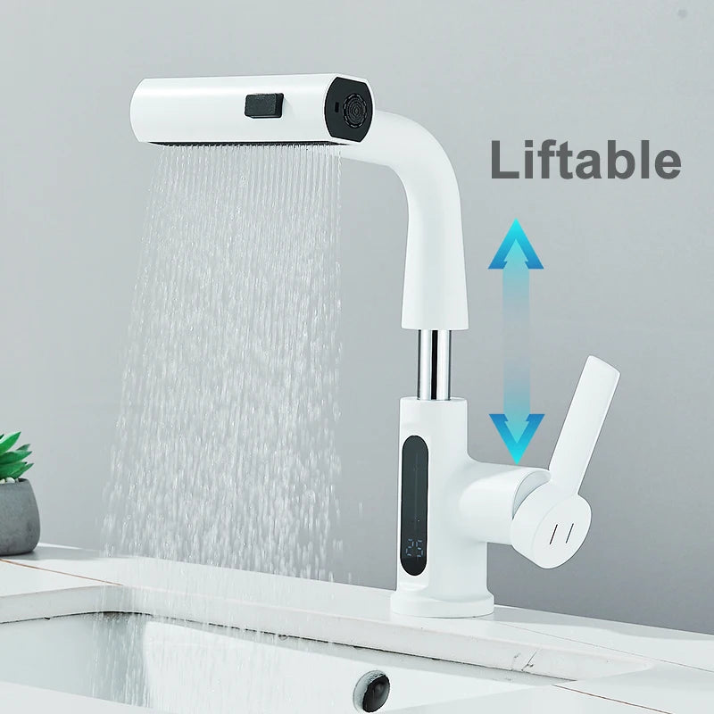 Digital Display Bathroom Basin Faucet Pull Out 3 Ways Nozzle Rainfall Stream Sprayer Crane Lifting Hot Cold Water Mixer Tap