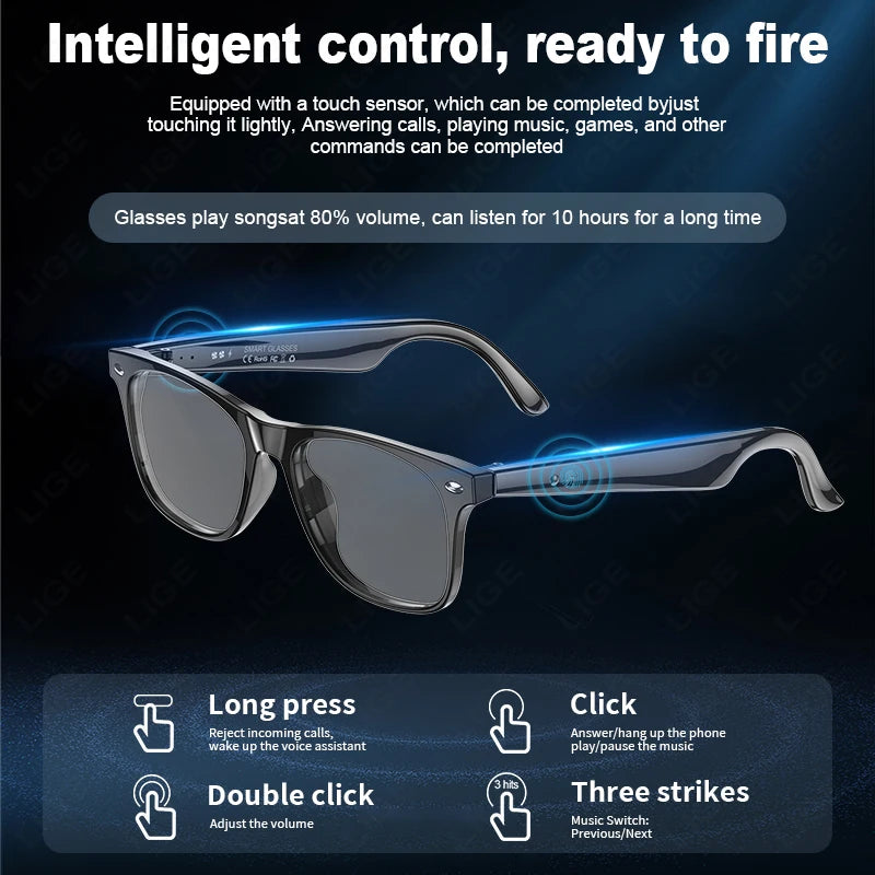LIGE Smart Glasses AI Intelligent Real-time Translation Bluetooth 6.0 Sunglasses Outdoor Sport Earphone Calling Music Eyeglasses