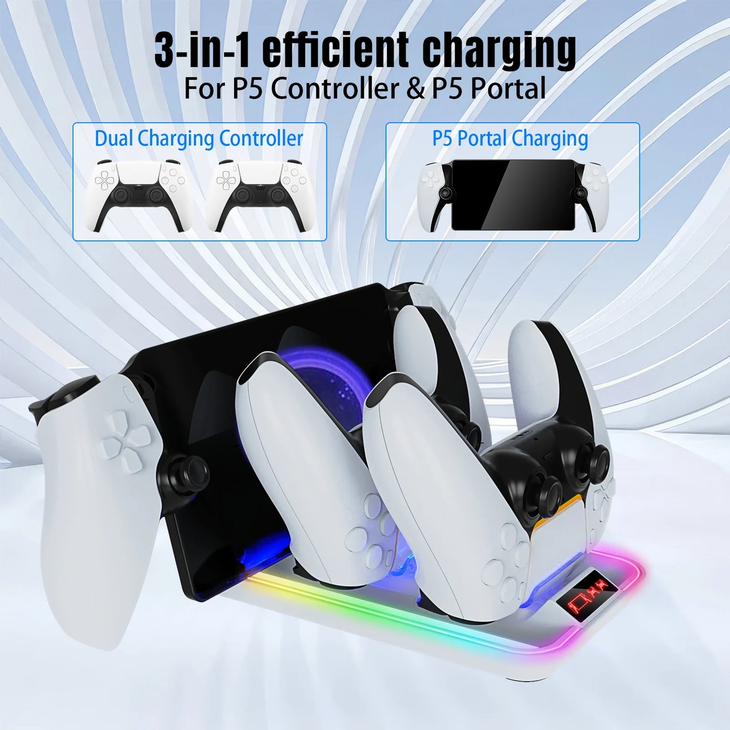 Cool PS5 Portal handheld with LED indicator charging dock, can charge 2 controllers, 3-in-1 charging for the handheld.