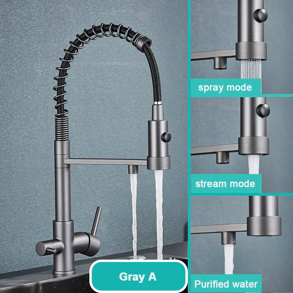 Gray Filtered Kitchen Faucet Dual Spout Hot Cold Mixer Purification Water Crane Filter Water Faucet Deck Mount