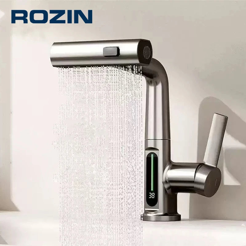 Digital Display Bathroom Basin Faucet Pull Out 3 Ways Nozzle Rainfall Stream Sprayer Crane Lifting Hot Cold Water Mixer Tap