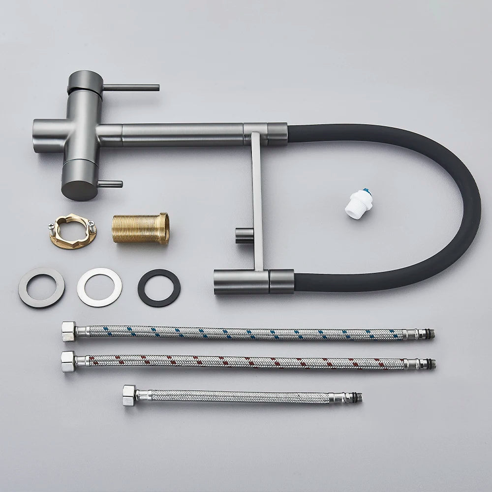 Gray Filtered Kitchen Faucet Dual Spout Hot Cold Mixer Purification Water Crane Filter Water Faucet Deck Mount