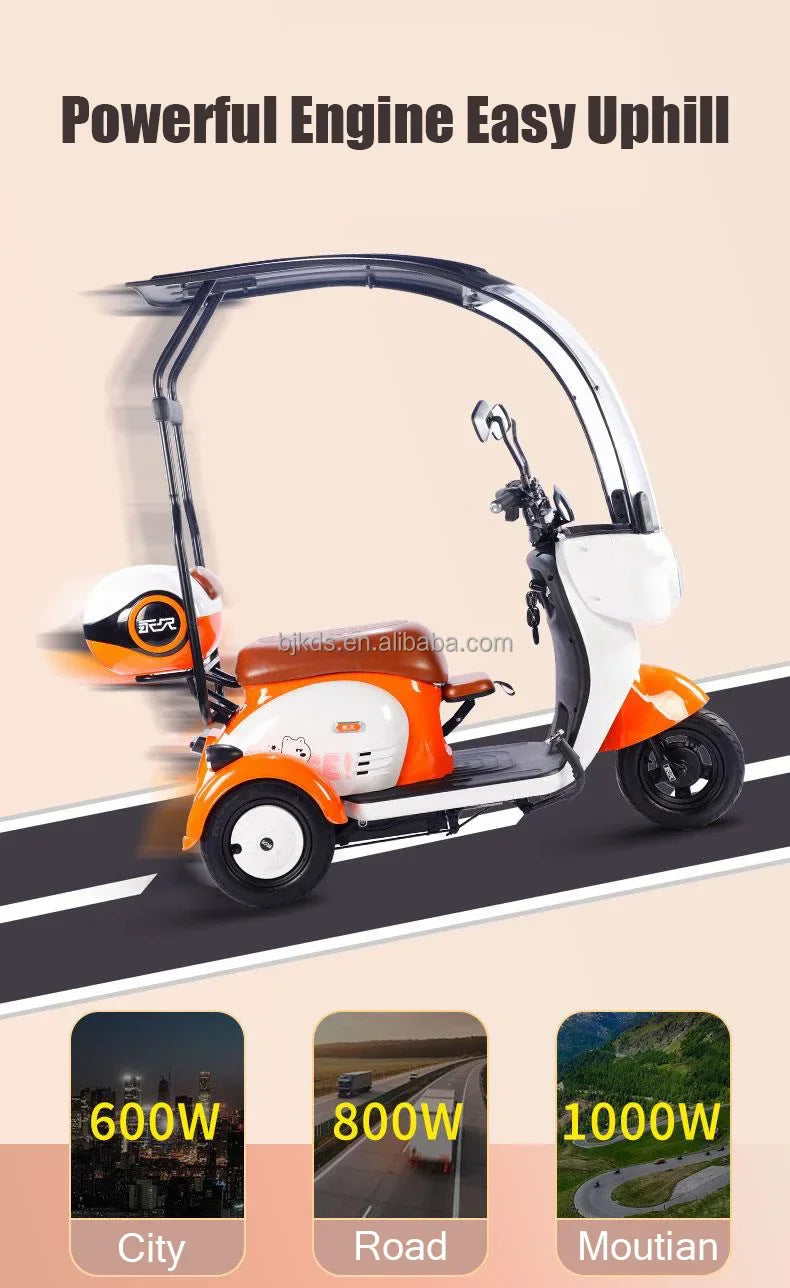 New Model Low Speed Long Range 3 Wheels Tuk Electric Scooter Tricycle With Roof