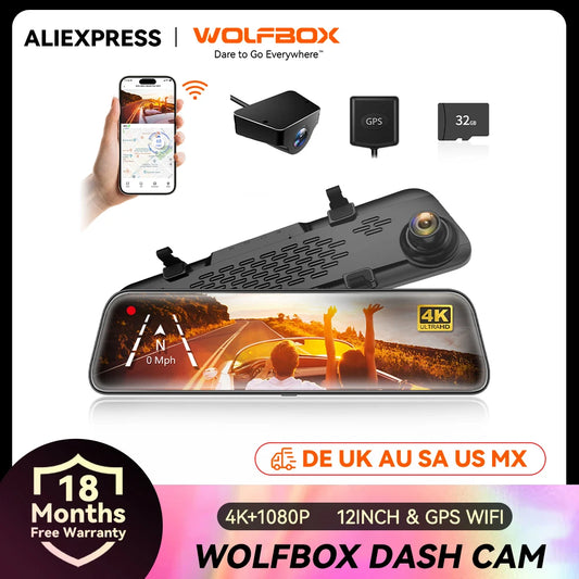 WOLFBOX G840S 12"IPS Dash Camera 4K Rearview Dash Cam GPS Video Recorder Night Vision HD Dual Cameras Car Dvr Parking Monitor