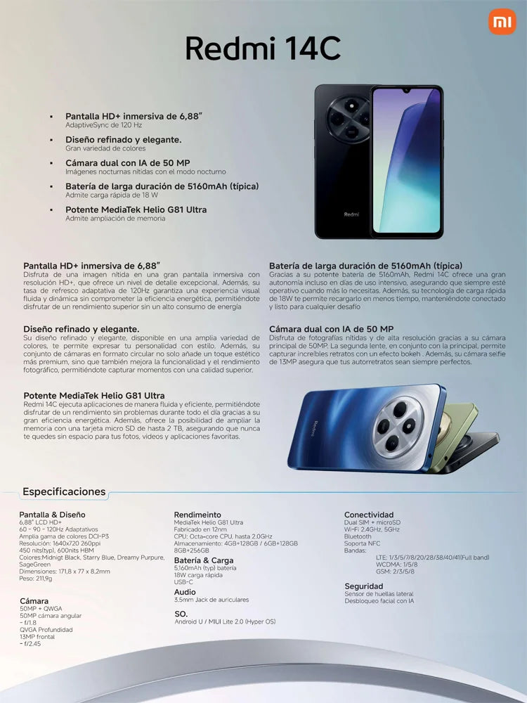 Xiaomi Redmi 14C NFC, Smartphones,MediaTek Helio G81-Ultra,6.88" Screen,120 Hz,50 MP AI Dual Camera