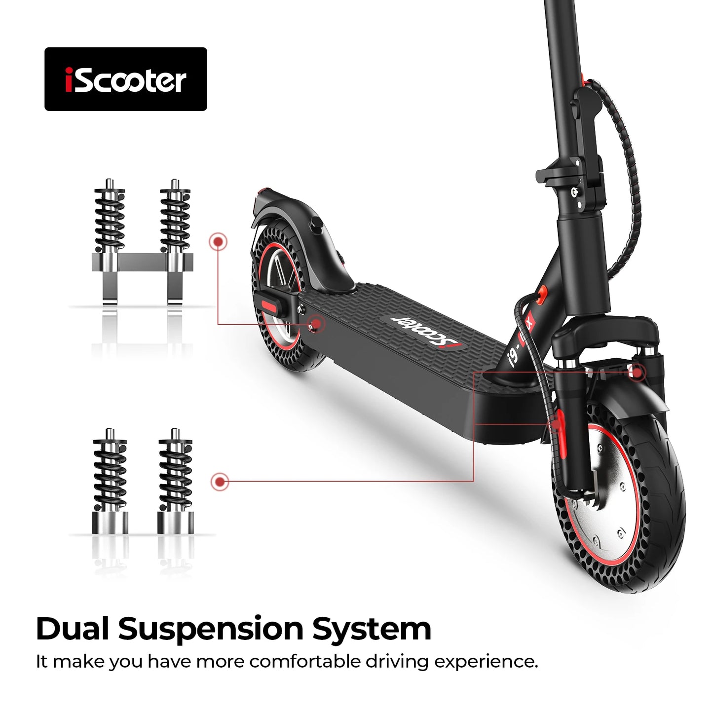 iScooter i9max Electric Scooter 36V 10Ah 500W 30-40km Range Dual Suspension 15-35km/h Speed 10 Inch Tire Kick e Scooter with App