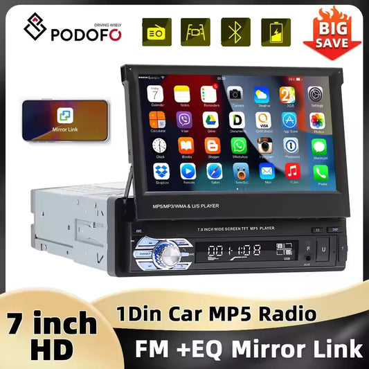 Podofo 1Din MP5 Player Mirrorlink Multimedia Player Bluetooth FM USB EQ 4Core 7 ''Retractable Screen Touch Screen Car Radio