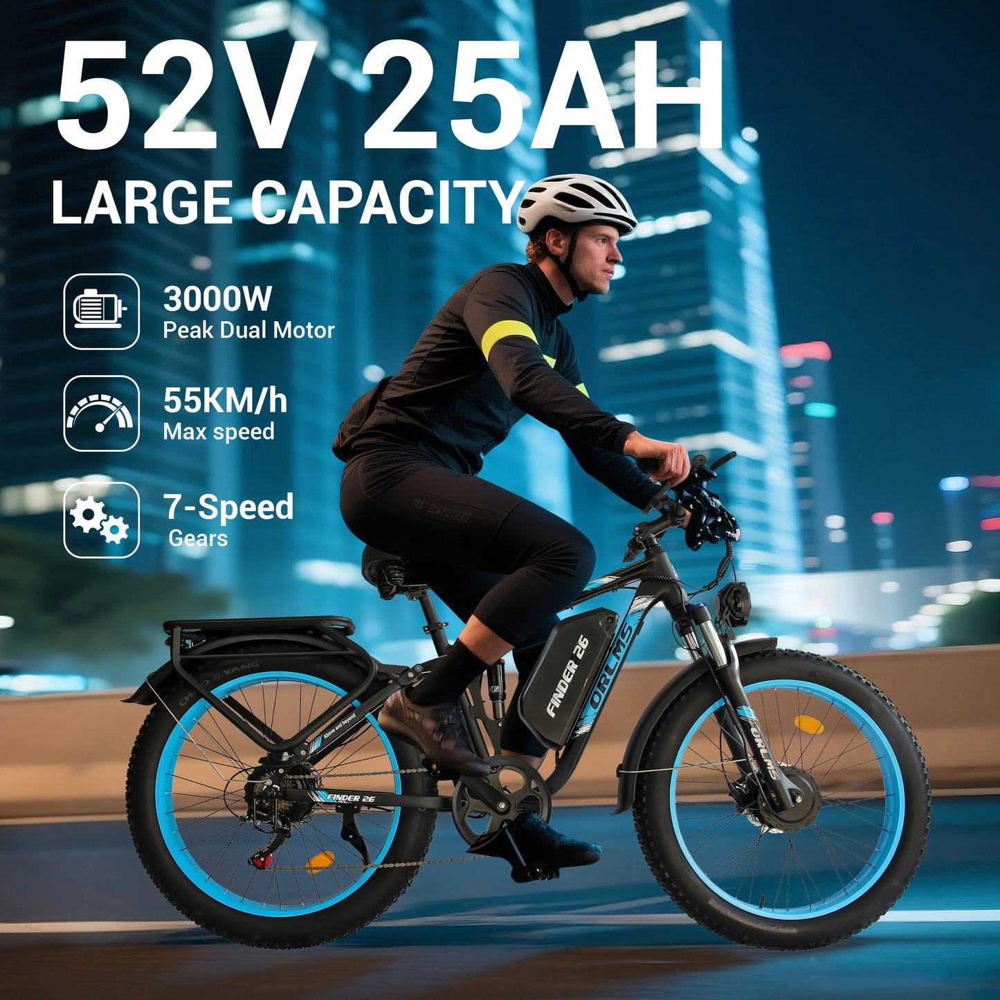 ORLMS V3 Electric Bike 2000W Dual Motor 52V25AH Lithium Battery Adult City Electric Bicycle 26*4.0 Inch Fat Tire Mountain E-bike